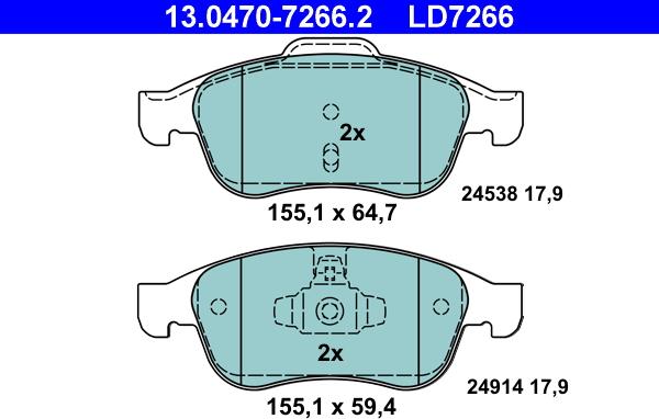 ATE 13.0470-7266.2 - Тормозные колодки, дисковые, комплект autospares.lv