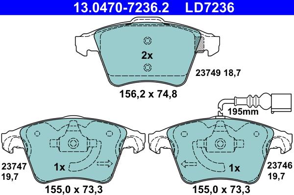 ATE 13.0470-7236.2 - Тормозные колодки, дисковые, комплект autospares.lv