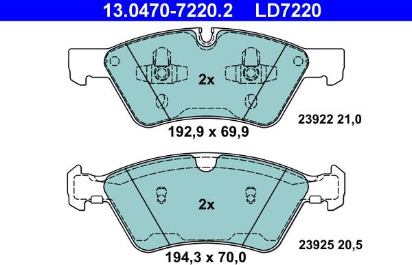 ATE 13.0470-7220.2 - Тормозные колодки, дисковые, комплект autospares.lv