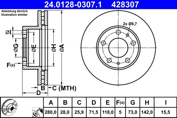 ATE 24.0128-0307.1 - Тормозной диск autospares.lv