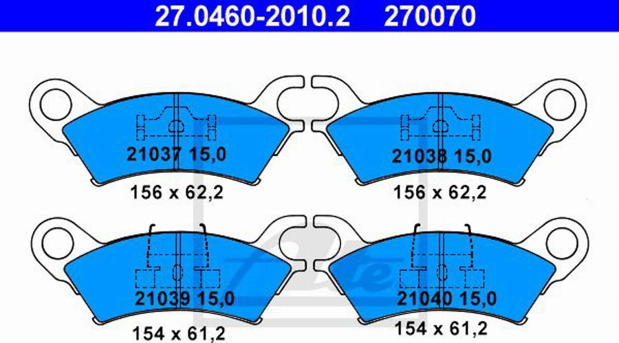 ATE 270070 - Тормозные колодки, дисковые, комплект autospares.lv