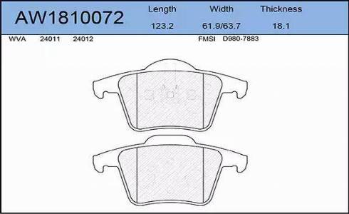 Aywiparts AW1810072 - Тормозные колодки, дисковые, комплект autospares.lv