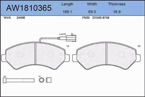 Aywiparts AW1810365 - Тормозные колодки, дисковые, комплект autospares.lv