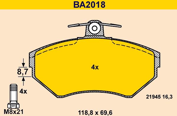 Barum BA2018 - Тормозные колодки, дисковые, комплект autospares.lv