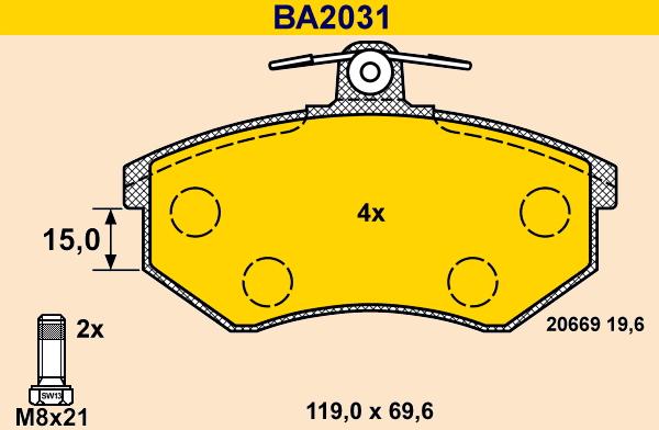 Barum BA2031 - Тормозные колодки, дисковые, комплект autospares.lv