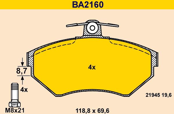 Barum BA2160 - Тормозные колодки, дисковые, комплект autospares.lv