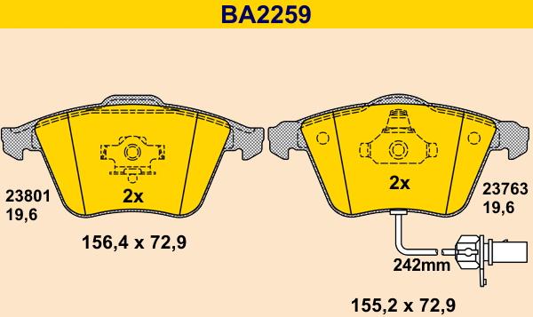 Barum BA2259 - Тормозные колодки, дисковые, комплект autospares.lv