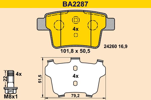 Barum BA2287 - Тормозные колодки, дисковые, комплект autospares.lv