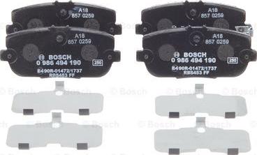 BOSCH 0 986 494 190 - Тормозные колодки, дисковые, комплект autospares.lv