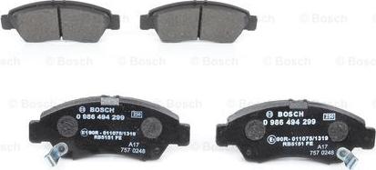 BOSCH 0 986 494 299 - Тормозные колодки, дисковые, комплект autospares.lv