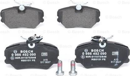 BOSCH 0 986 492 090 - Тормозные колодки, дисковые, комплект autospares.lv