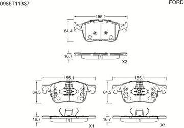 BOSCH 0 986 T11 337 - Тормозные колодки, дисковые, комплект autospares.lv