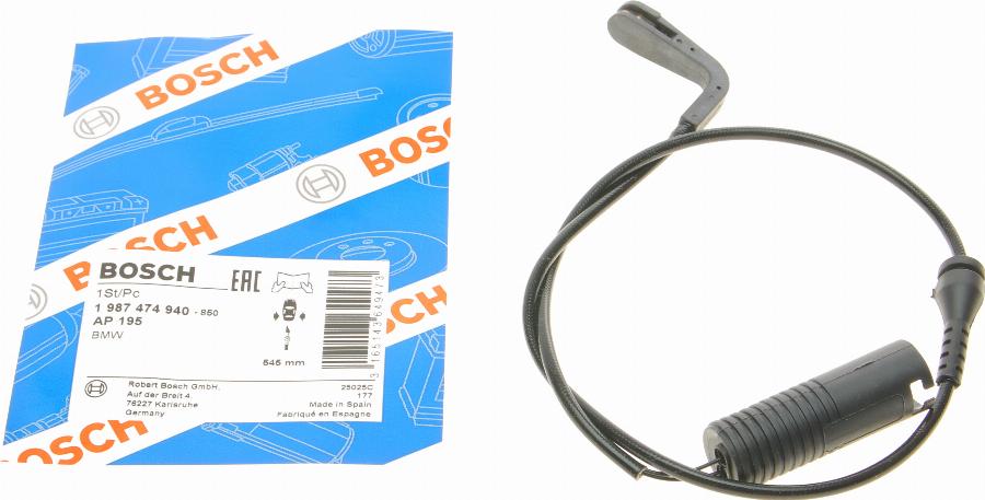 BOSCH 1 987 474 940 - Сигнализатор, износ тормозных колодок autospares.lv