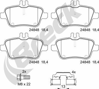 Breck 24848 00 704 00 - Тормозные колодки, дисковые, комплект autospares.lv