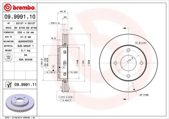 Brembo 09.9991.11 - Тормозной диск autospares.lv