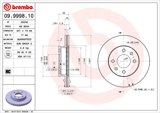 Brembo 09.9998.10 - Тормозной диск autospares.lv