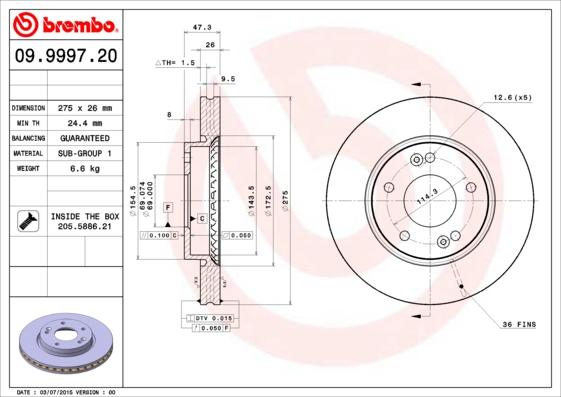 Brembo 09.9997.20 - Тормозной диск autospares.lv