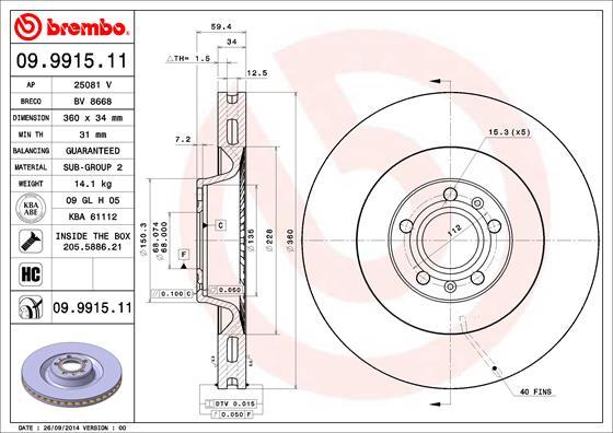 Brembo 09.9915.11 - Тормозной диск autospares.lv