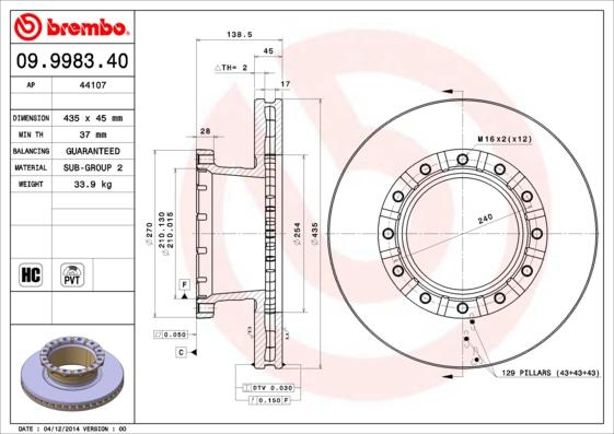 Brembo 09.9983.40 - Тормозной диск autospares.lv