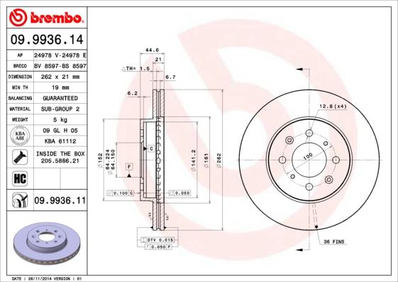 Brembo 09.9936.14 - Тормозной диск autospares.lv