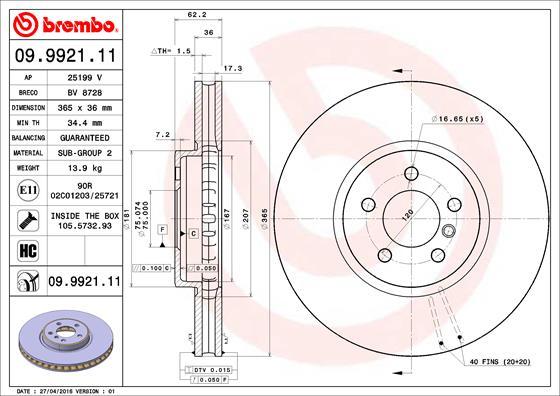 Brembo 09.9921.11 - Тормозной диск autospares.lv