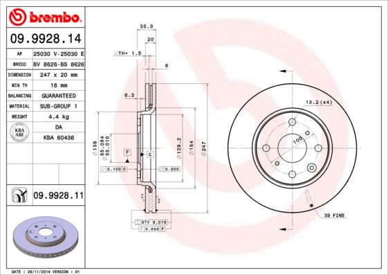 Brembo 09.9928.11 - Тормозной диск autospares.lv