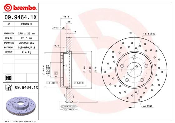 Brembo 09.9464.1X - Тормозной диск autospares.lv