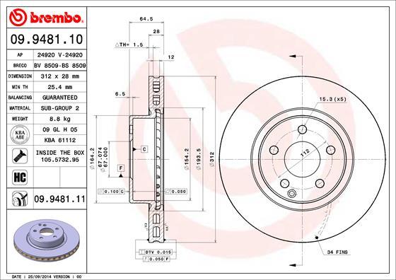 Brembo 09.9481.11 - Тормозной диск autospares.lv