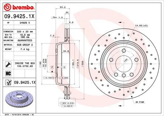 Brembo 09.9425.1X - Тормозной диск autospares.lv