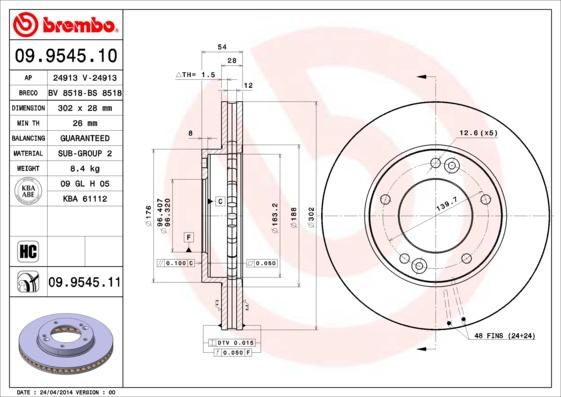 Brembo 09.9545.10 - Тормозной диск autospares.lv