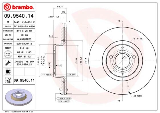 Brembo 09.9540.11 - Тормозной диск autospares.lv
