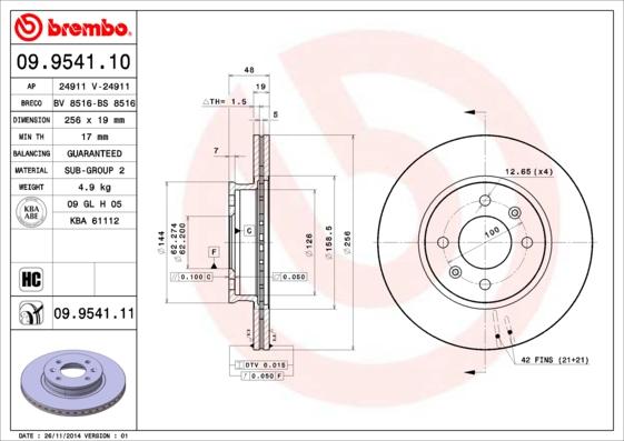 Brembo 09.9541.11 - Тормозной диск autospares.lv