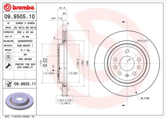 Brembo 09.9505.11 - Тормозной диск autospares.lv