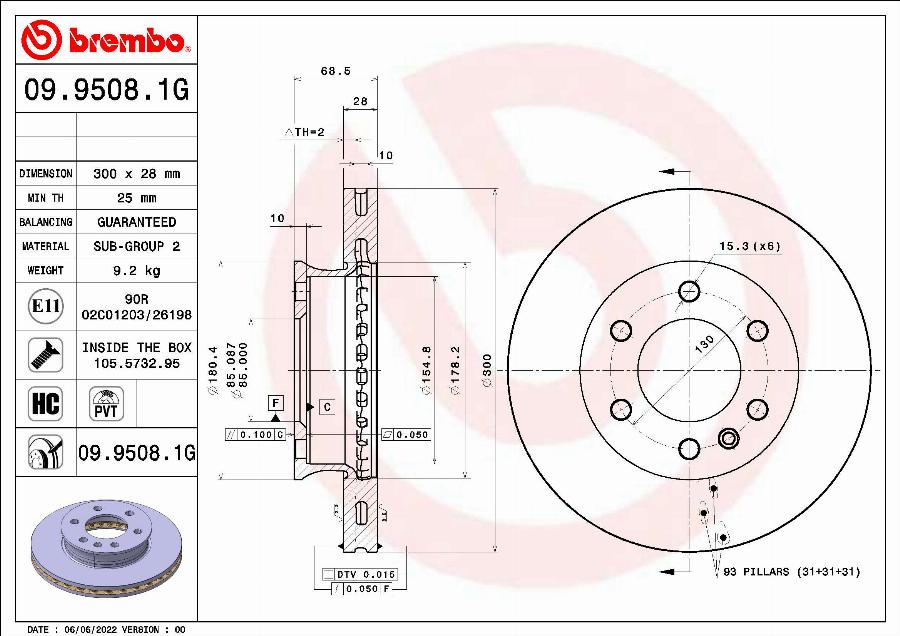 Brembo 09.9508.1G - Тормозной диск autospares.lv