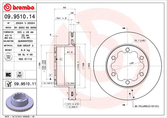 Brembo 09.9510.14 - Тормозной диск autospares.lv