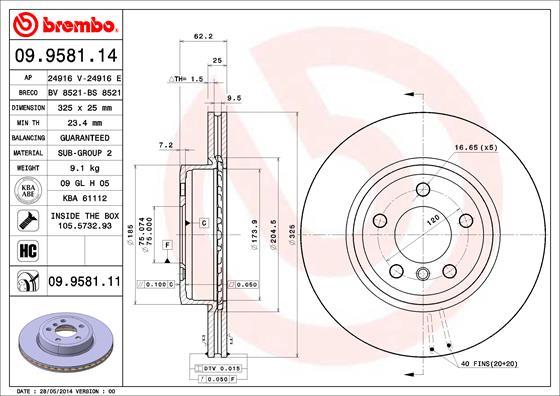 Brembo 09.9581.11 - Тормозной диск autospares.lv
