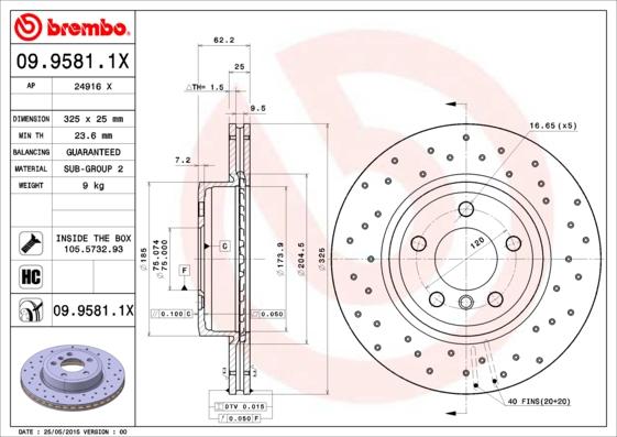 Brembo 09.9581.1X - Тормозной диск autospares.lv