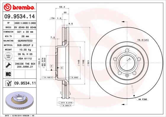 Brembo 09.9534.11 - Тормозной диск autospares.lv