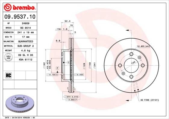 Brembo 09.9537.10 - Тормозной диск autospares.lv