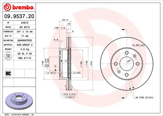 Brembo 09.9537.20 - Тормозной диск autospares.lv