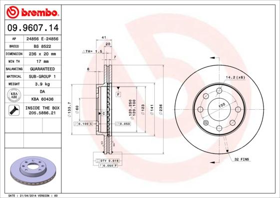 Brembo 09.9607.14 - Тормозной диск autospares.lv