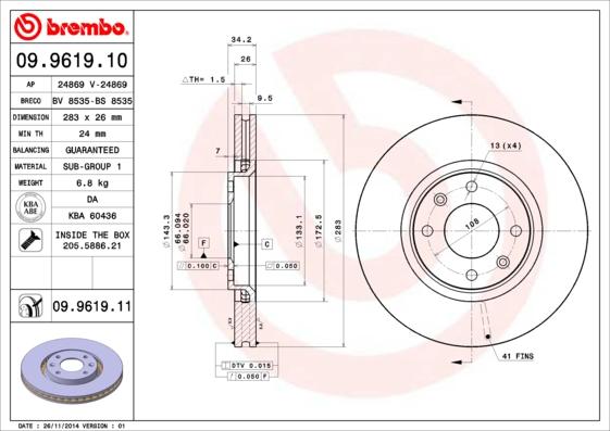 Brembo 09.9619.10 - Тормозной диск autospares.lv