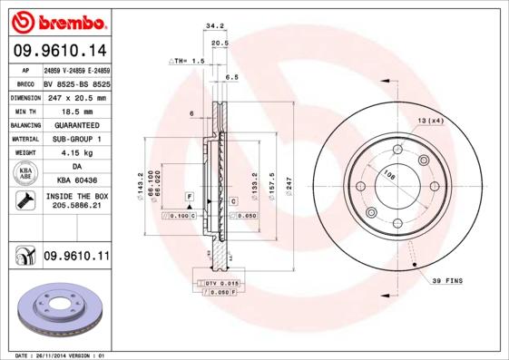Brembo 09.9610.11 - Тормозной диск autospares.lv