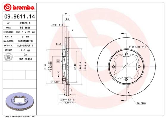 Brembo 09.9611.14 - Тормозной диск autospares.lv