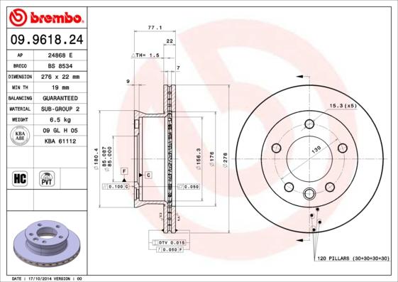 Brembo 09.9618.24 - Тормозной диск autospares.lv