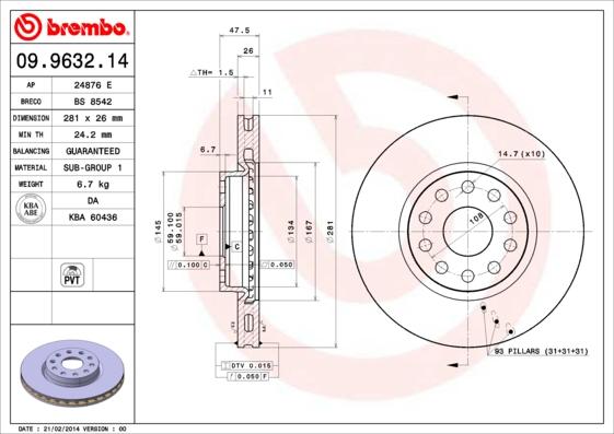 Brembo 09.9632.14 - Тормозной диск autospares.lv