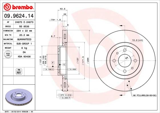Brembo 09.9624.14 - Тормозной диск autospares.lv