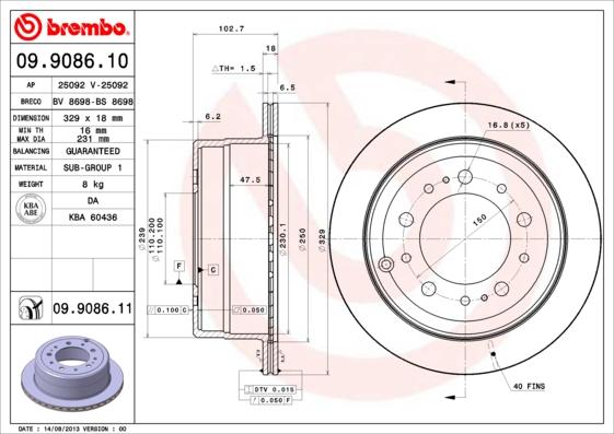 Brembo 09.9086.11 - Тормозной диск autospares.lv