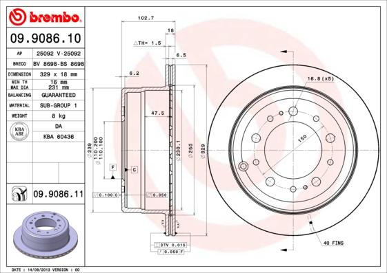 Brembo 09.9086.10 - Тормозной диск autospares.lv