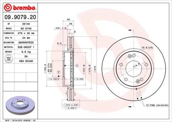 Brembo 09.9079.20 - Тормозной диск autospares.lv